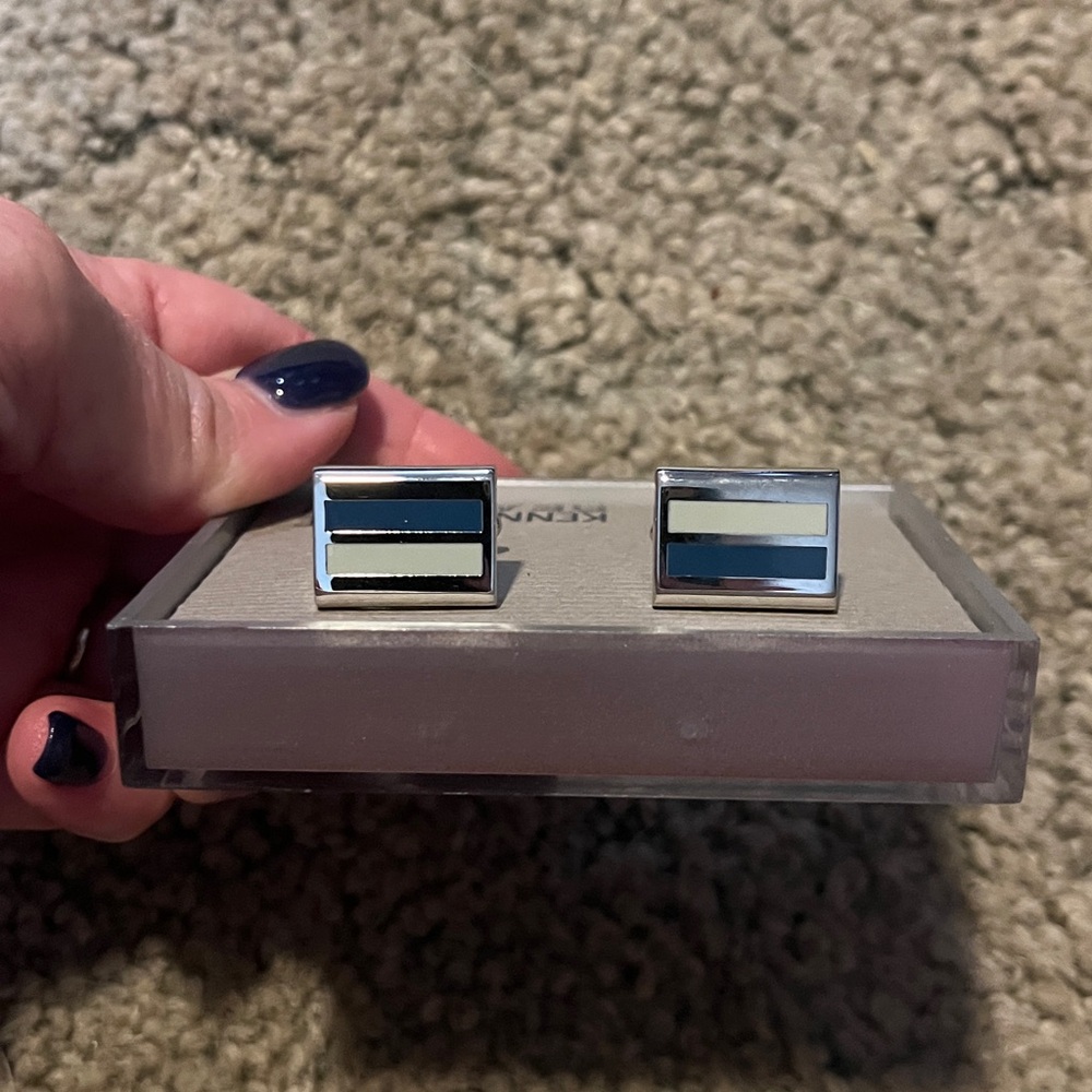 Kenneth Cole Silver Cufflinks with Blue and Black Stripes